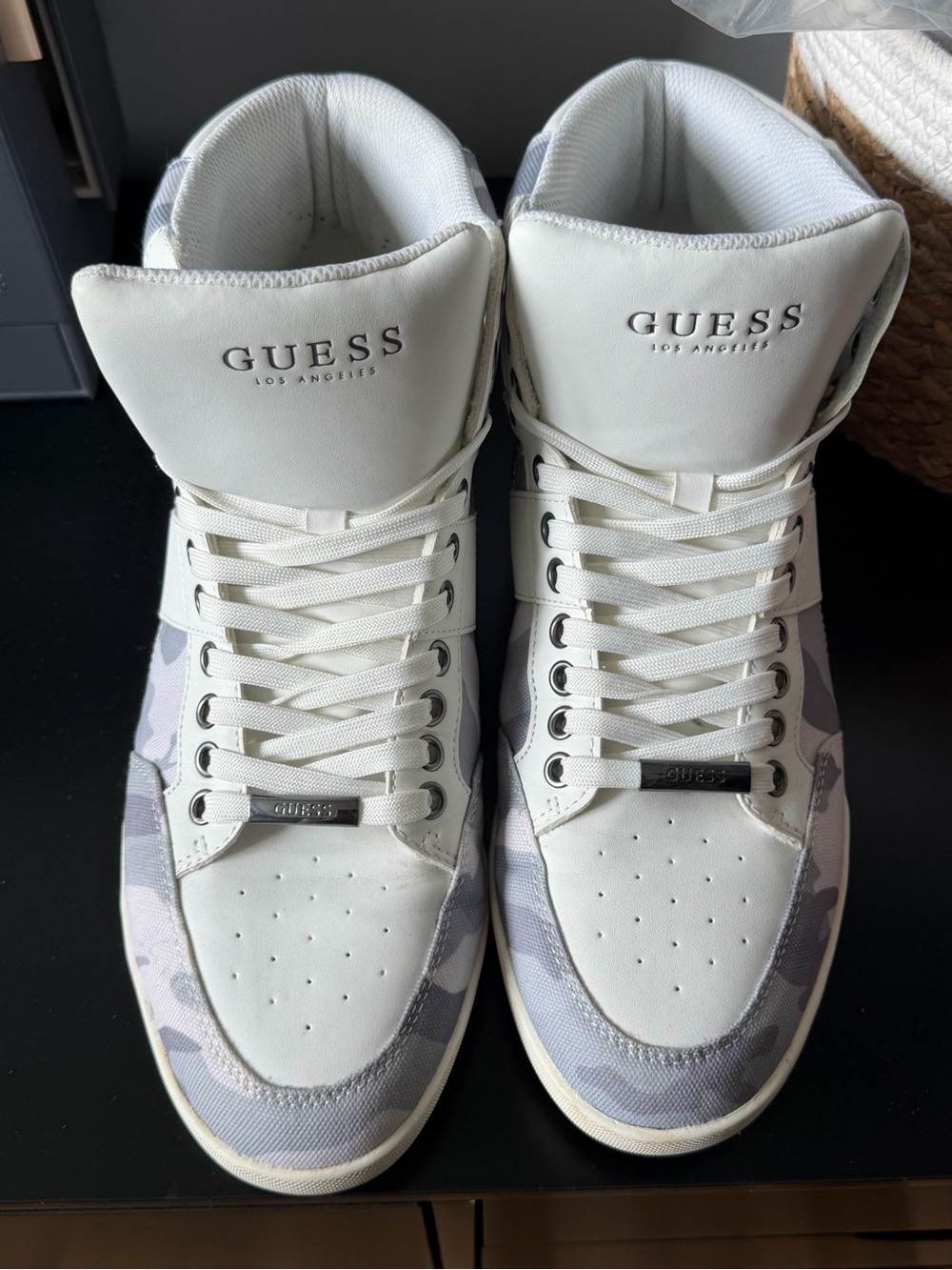 GUESS Men’s White & Light Camouflage Camo print Gray High-Top Sneakers 9.5